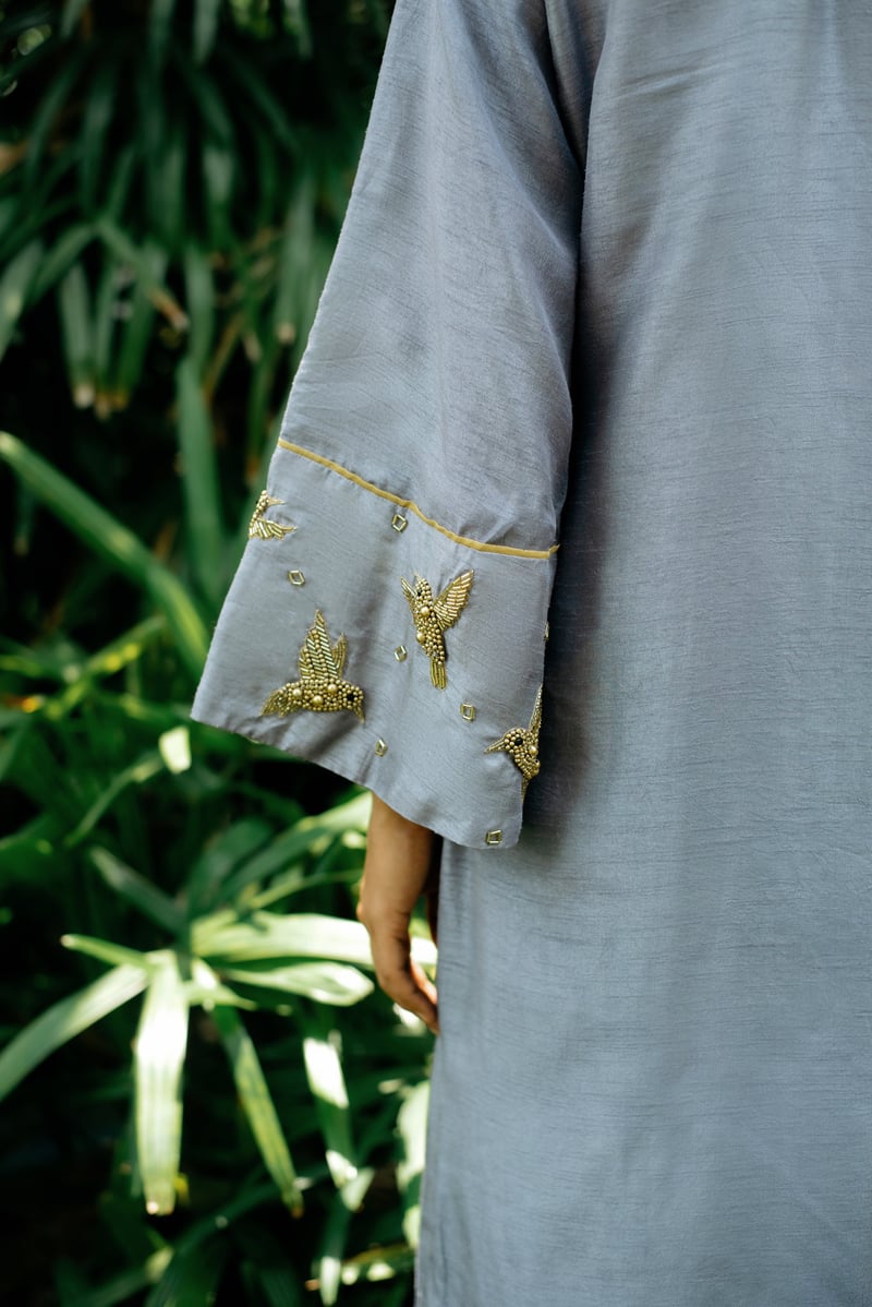 Grey A-Line Kurta Set with Embroidered Cuffs and Dupatta