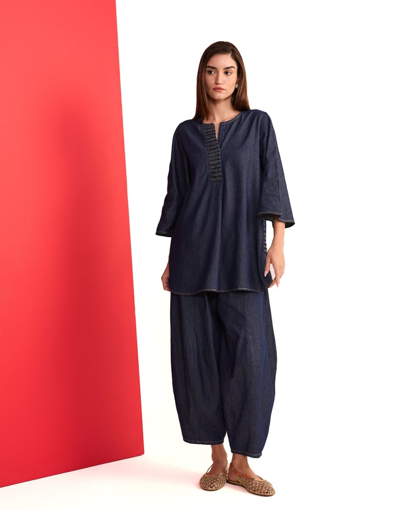 Indigo Denim Tunic and Wide-Leg Pants Co-ord Set