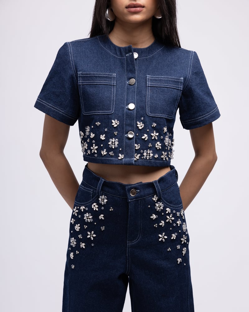 Dark Blue Crystal-Embellished Cropped Denim Top