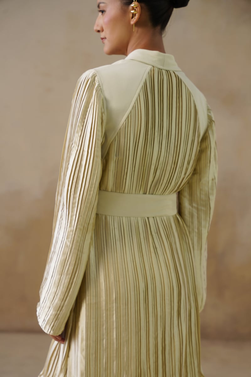 Champagne Gold Pleated Mini Dress with Belt
