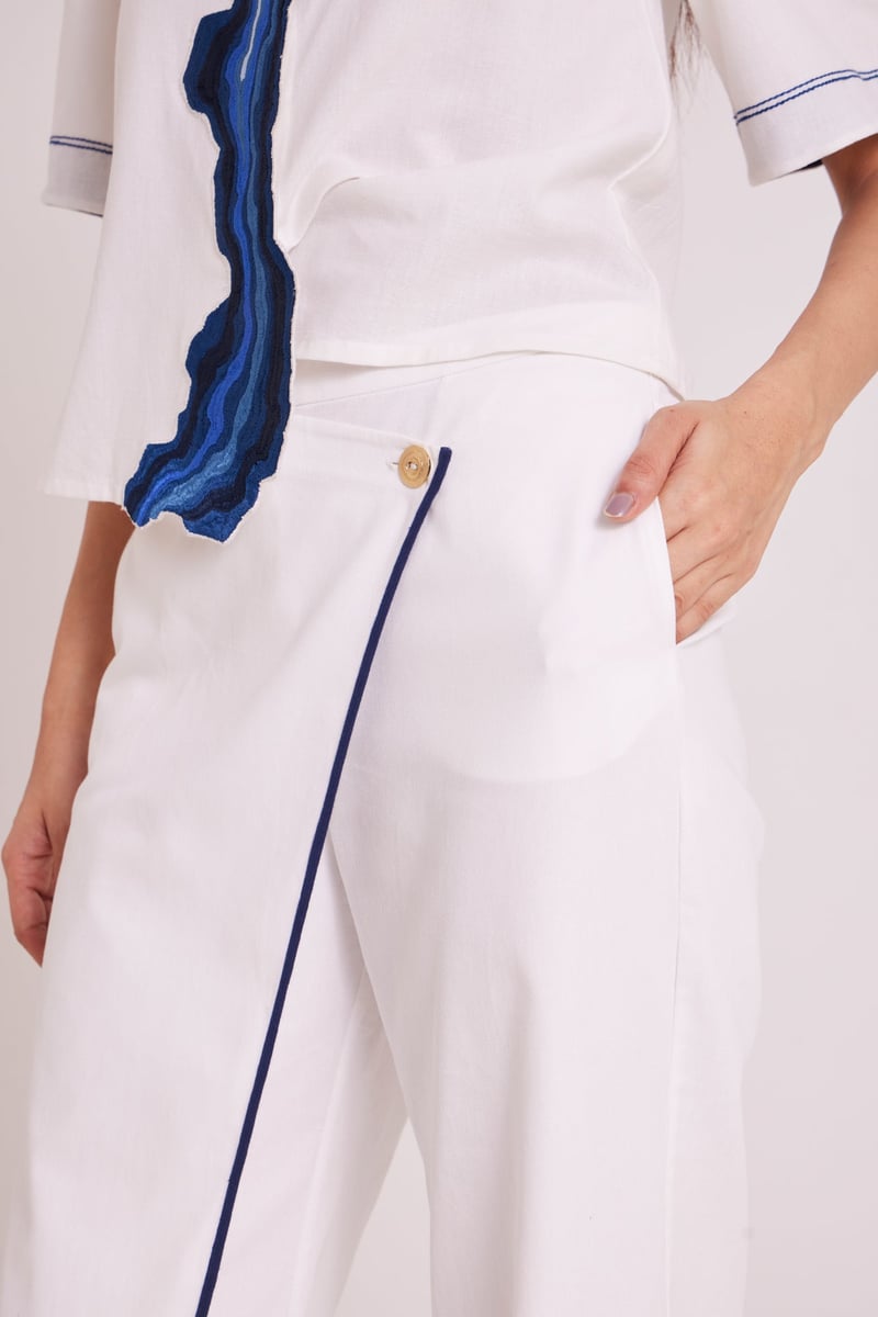 Ivory Shirt and Wide-Leg Pants Co-ord Set with Blue Appliqué