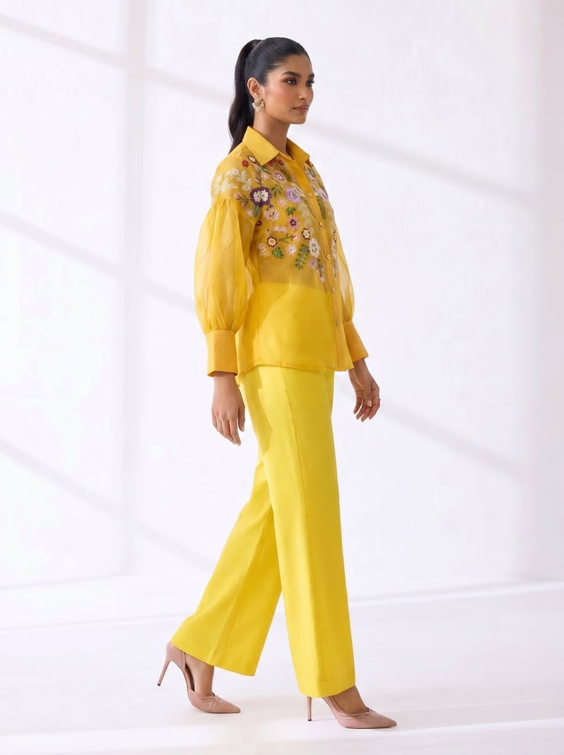 Sun Yellow Embroidered Shirt and Wide-Leg Pants Co-ord Set