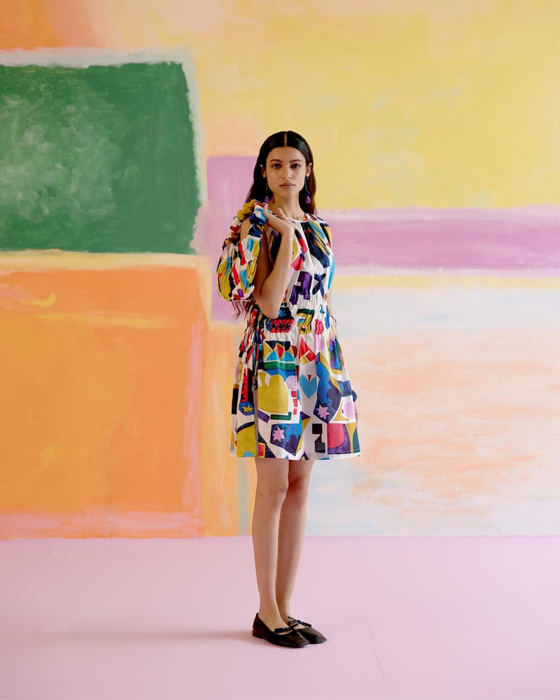 Multicolor Graphic Print Mini Dress with Side Drawstrings