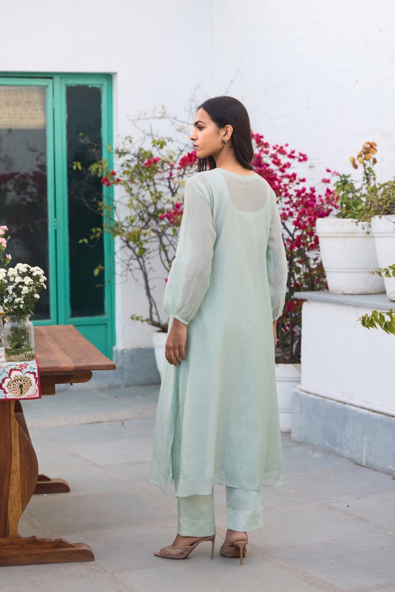 Ice Blue Hand-Painted Floral A-Line Kurta Set