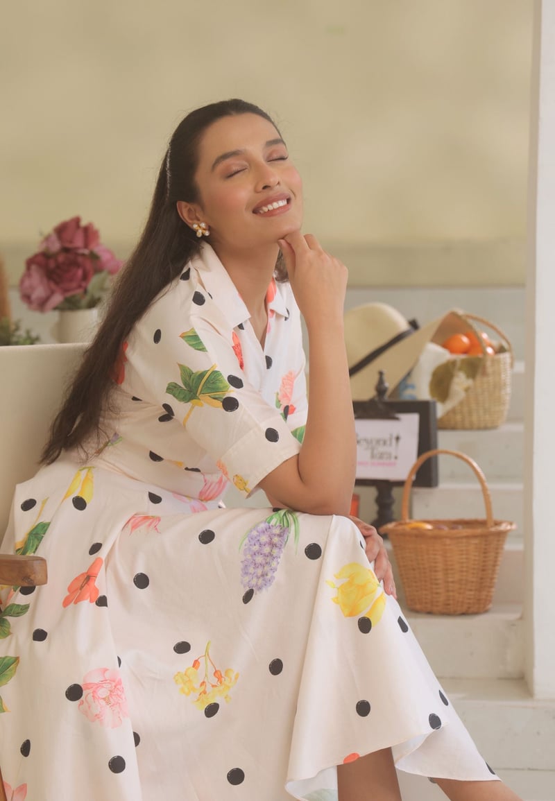 White/Multicolor Collared Fit and Flare Midi Dress