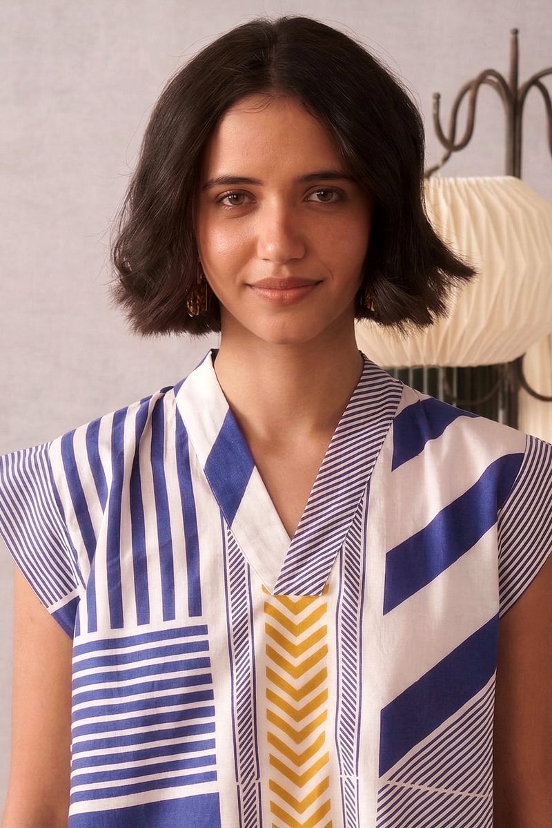 Multicolor Striped A-Line Midi Dress with V-Neck
