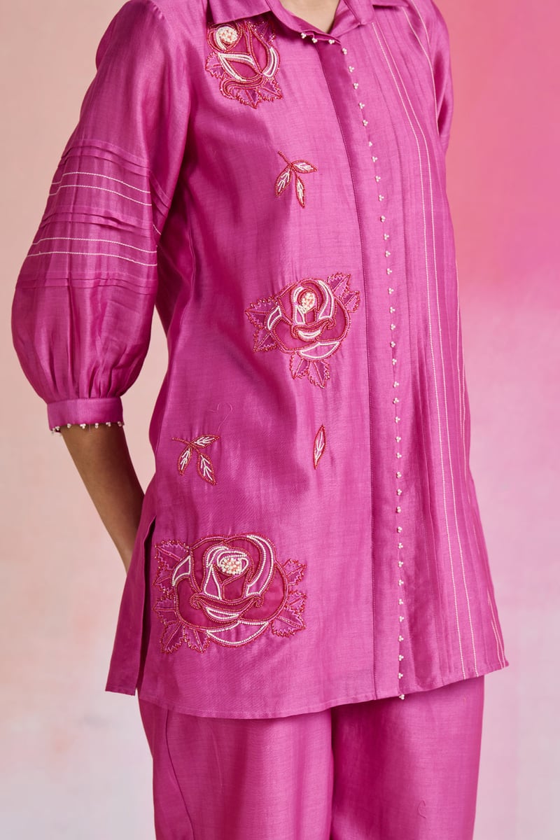 Bright Pink Chanderi Embroidered Kurta Set with Pants