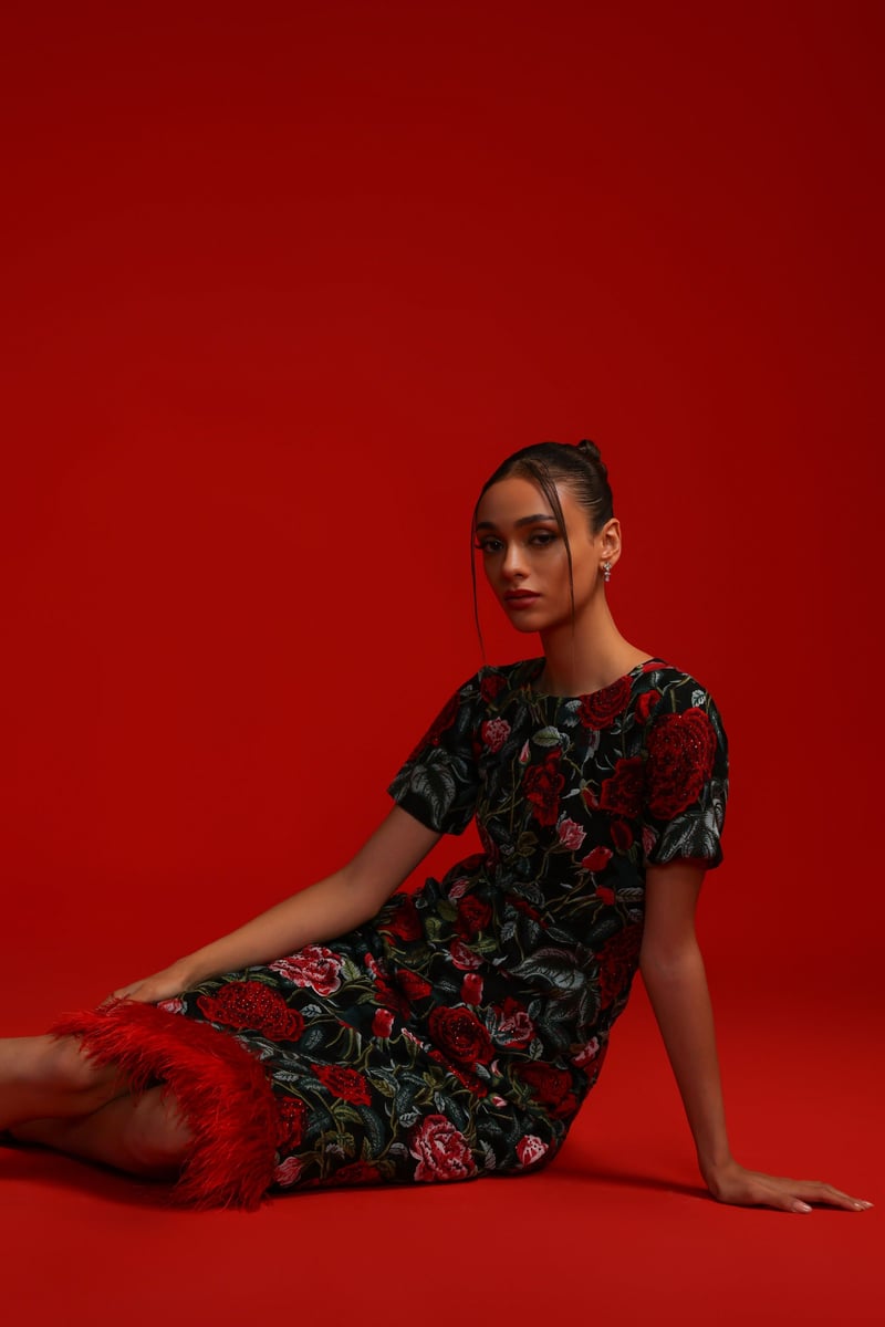 Black/Red Rose Embroidered Mesh Sheath Midi Dress