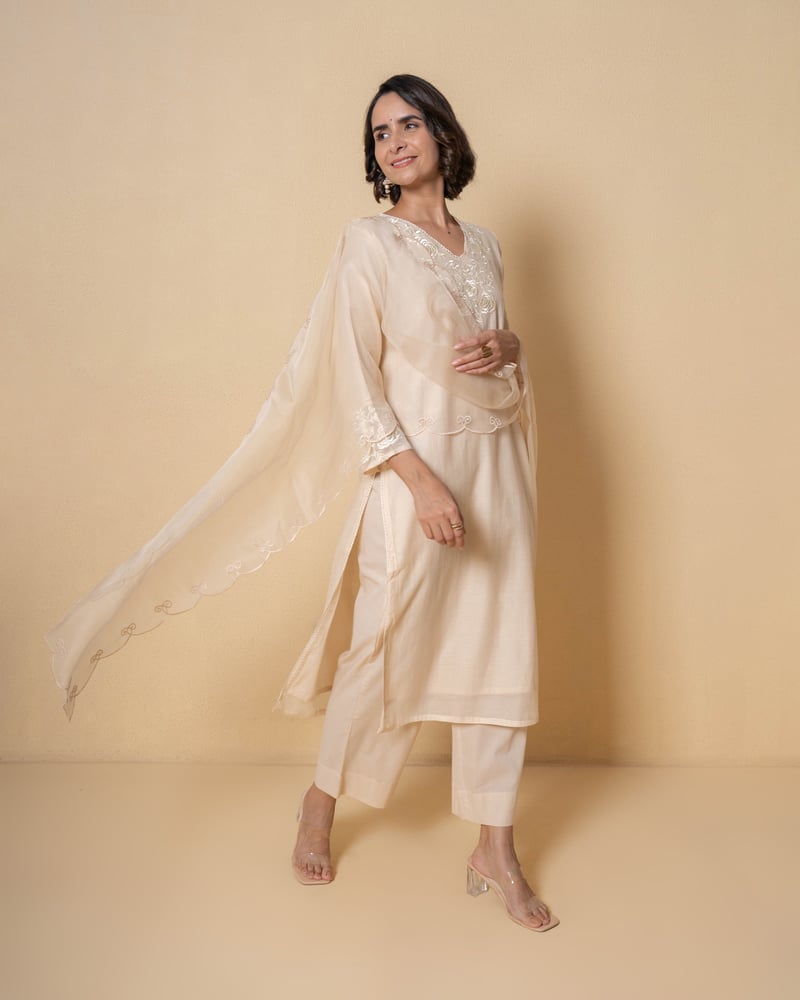 Ivory Sand Embroidered Chanderi Suit Set