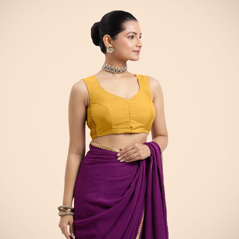 Marigold Yellow Sleeveless V-Neck Front Open Saree Blouse