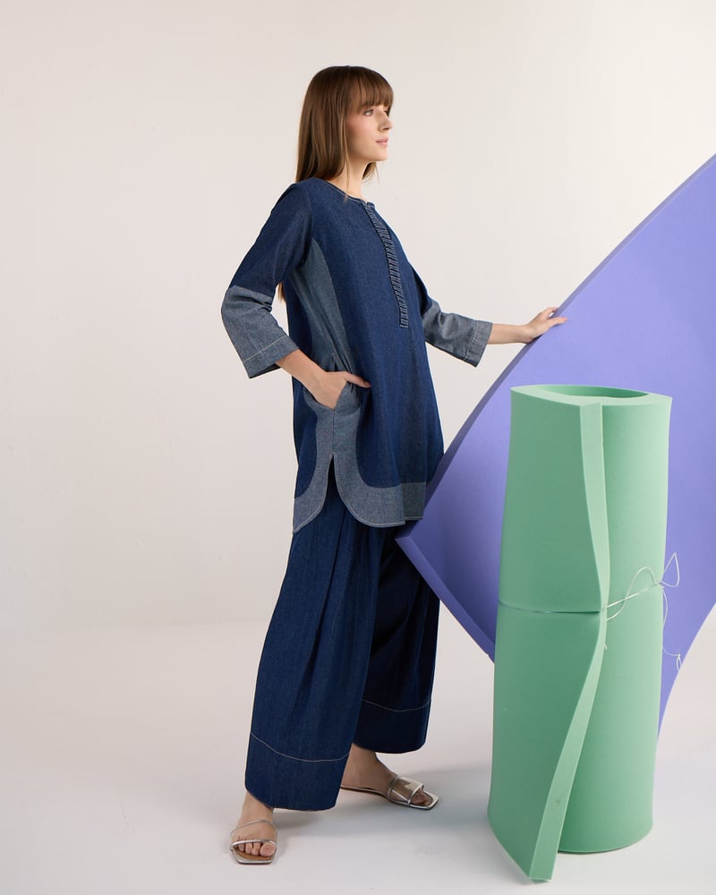 Blue Denim Colorblock Tunic and Farshi Pants Co-ord Set