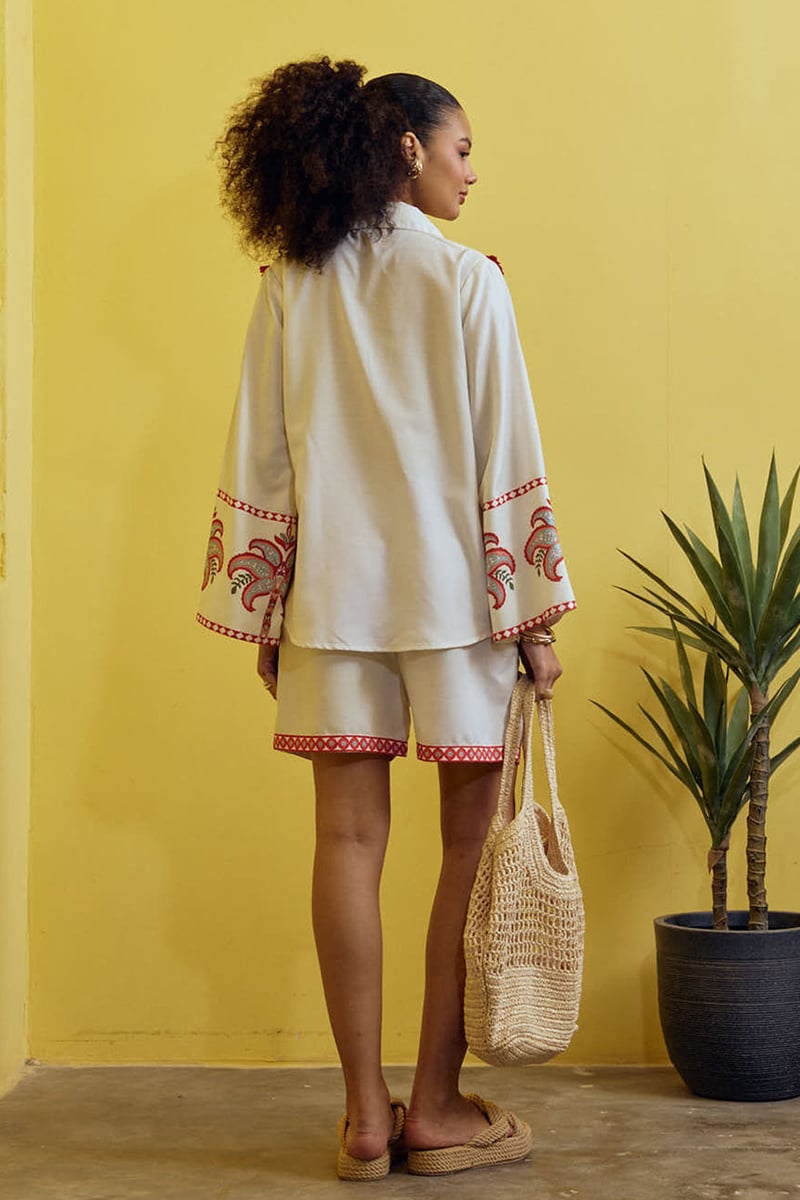 Cream Printed Shirt and Shorts Co-ord Set