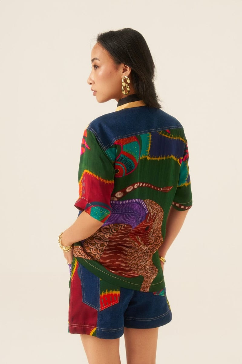 Multicolor Patchwork Denim Panel Button-Down Shirt