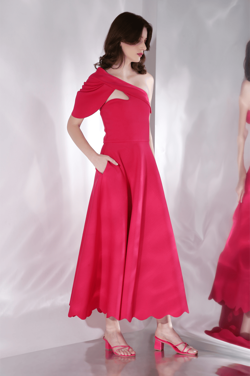 Hot Pink Fit and Flare Midi Dress with Detachable Bow