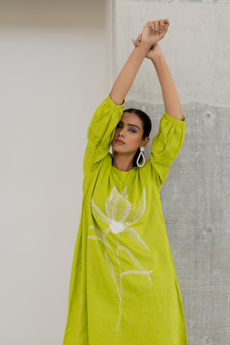 Green A-Line Kurta with White Floral Embroidery