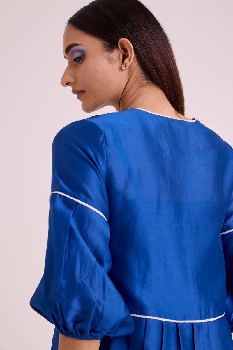 Electric Blue Tie-Up Top & Printed Wide-Leg Co-ord Set