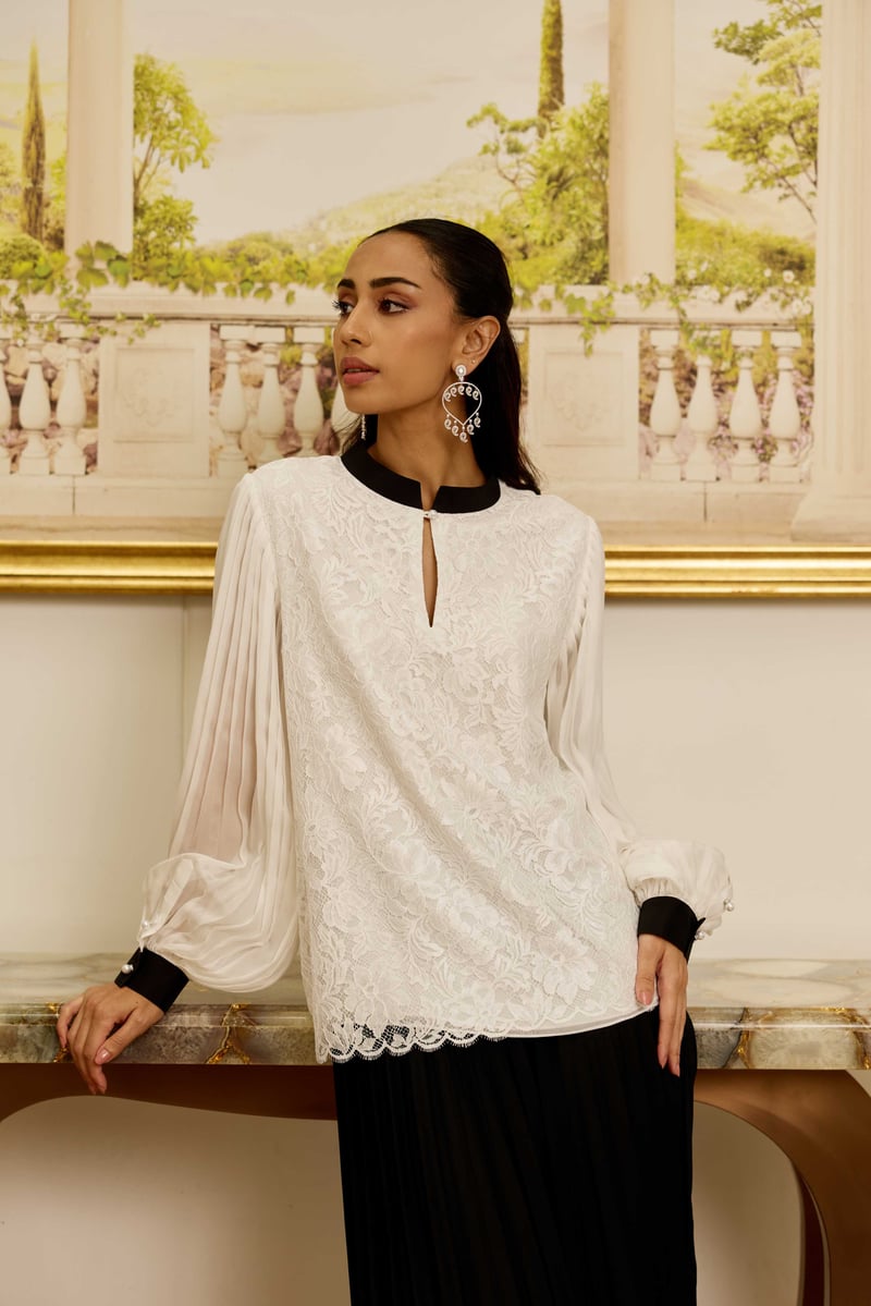 Celestia White French Lace Chiffon Blouse — DAREISS