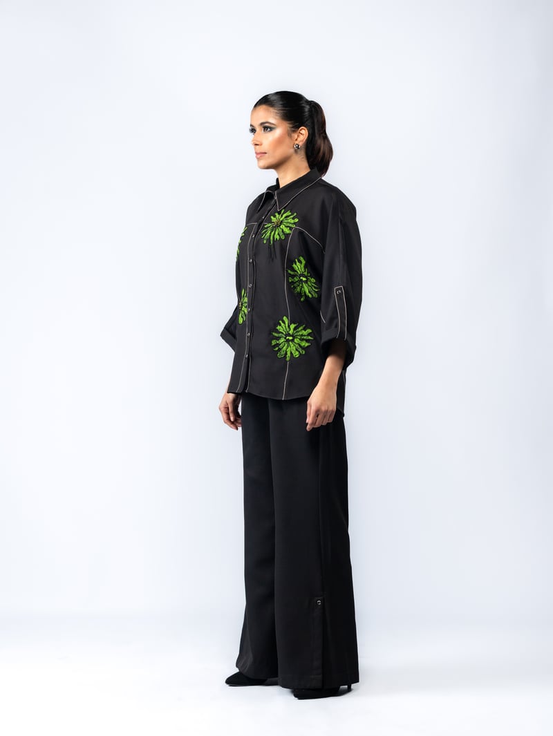 Black Embroidered Shirt and Wide-Leg Pant Co-ord Set
