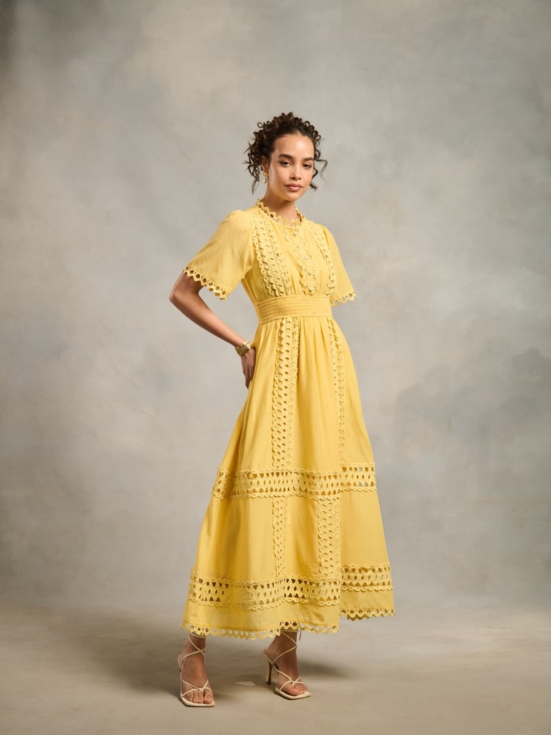 Yellow Lace Cutwork Fit and Flare Maxi Dress