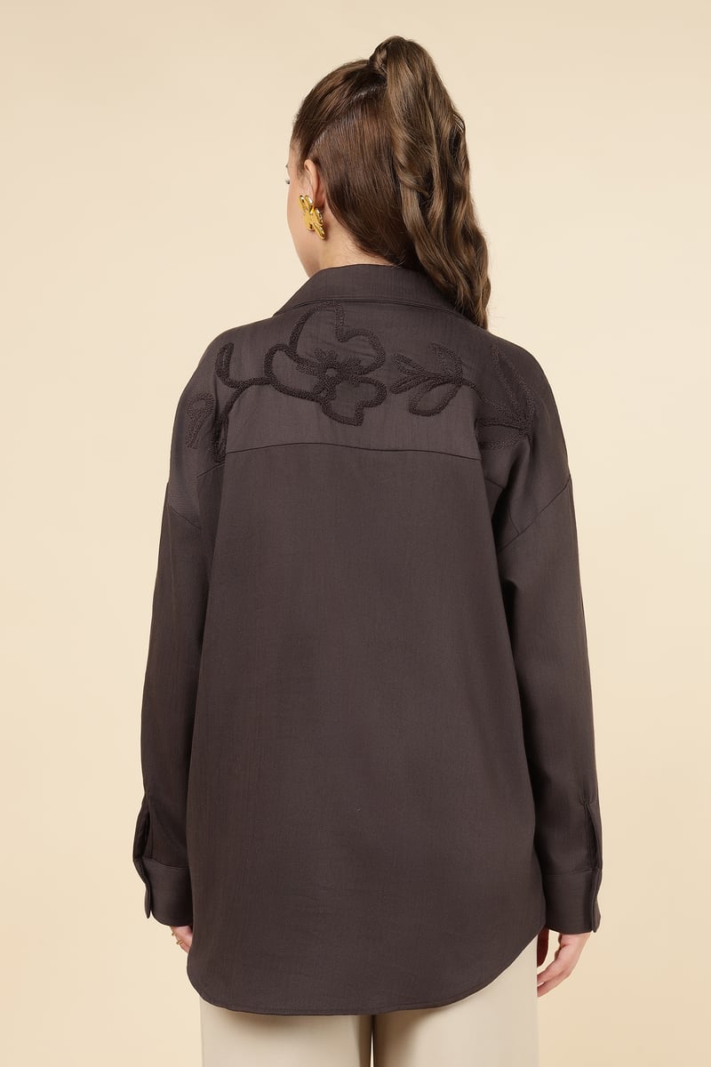 Kahve Brown Tonal Floral Embroidered Button-Down Shirt