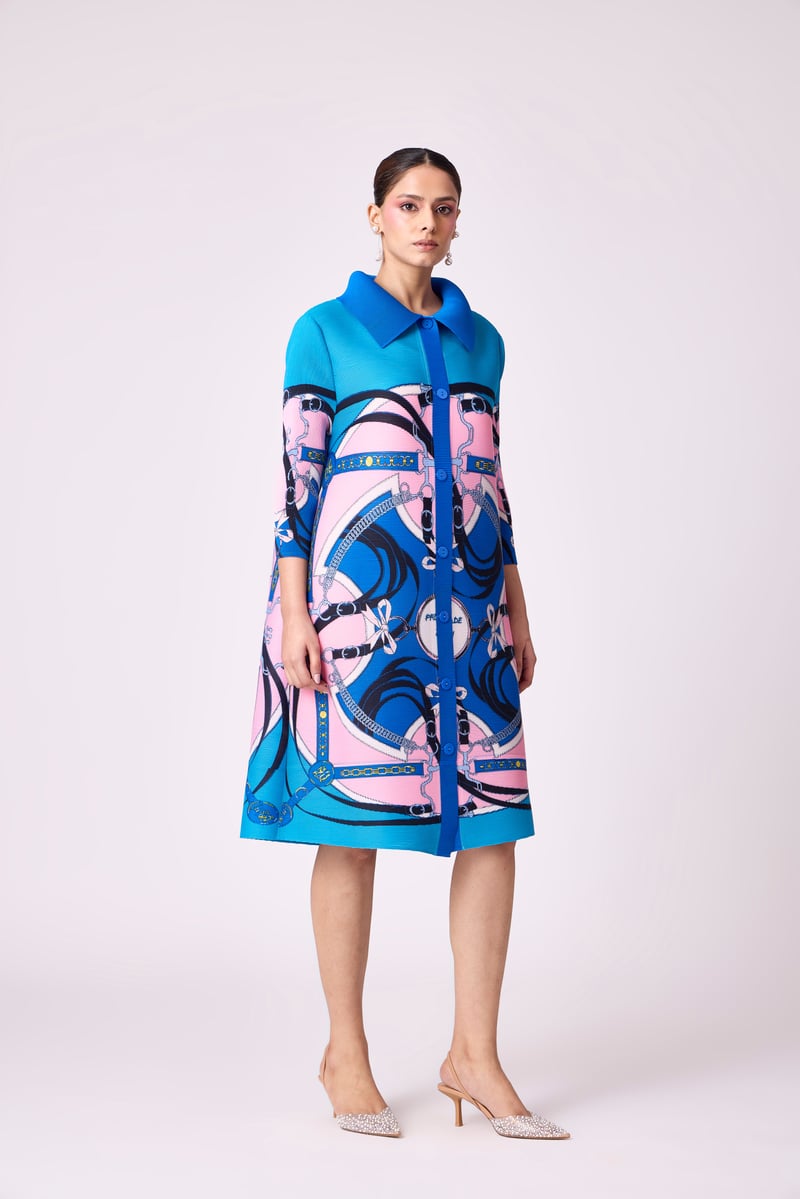 Blue Abstract Print Micro-Pleated Shirt Dress