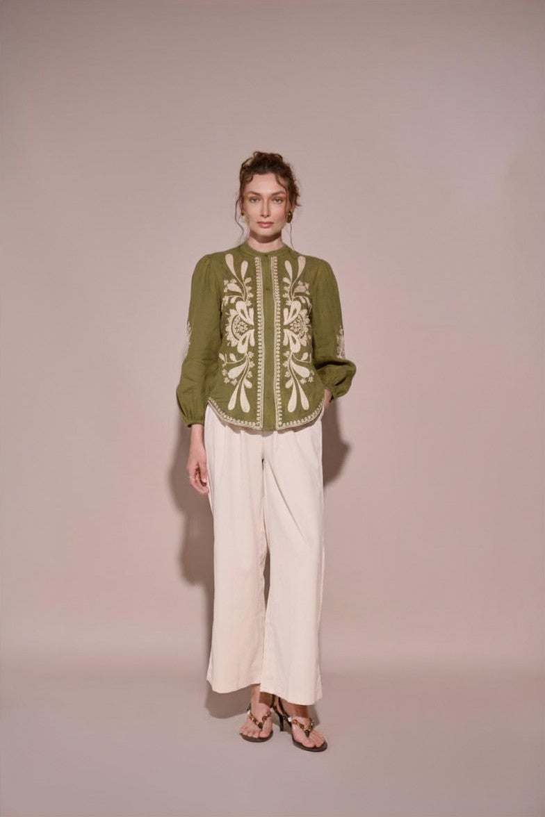Green Linen Embroidered Mandarin Collar Blouse