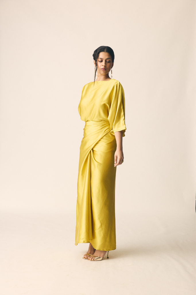 Yellow Satin Oversized Top and Wrap Maxi Skirt Co-ord Set