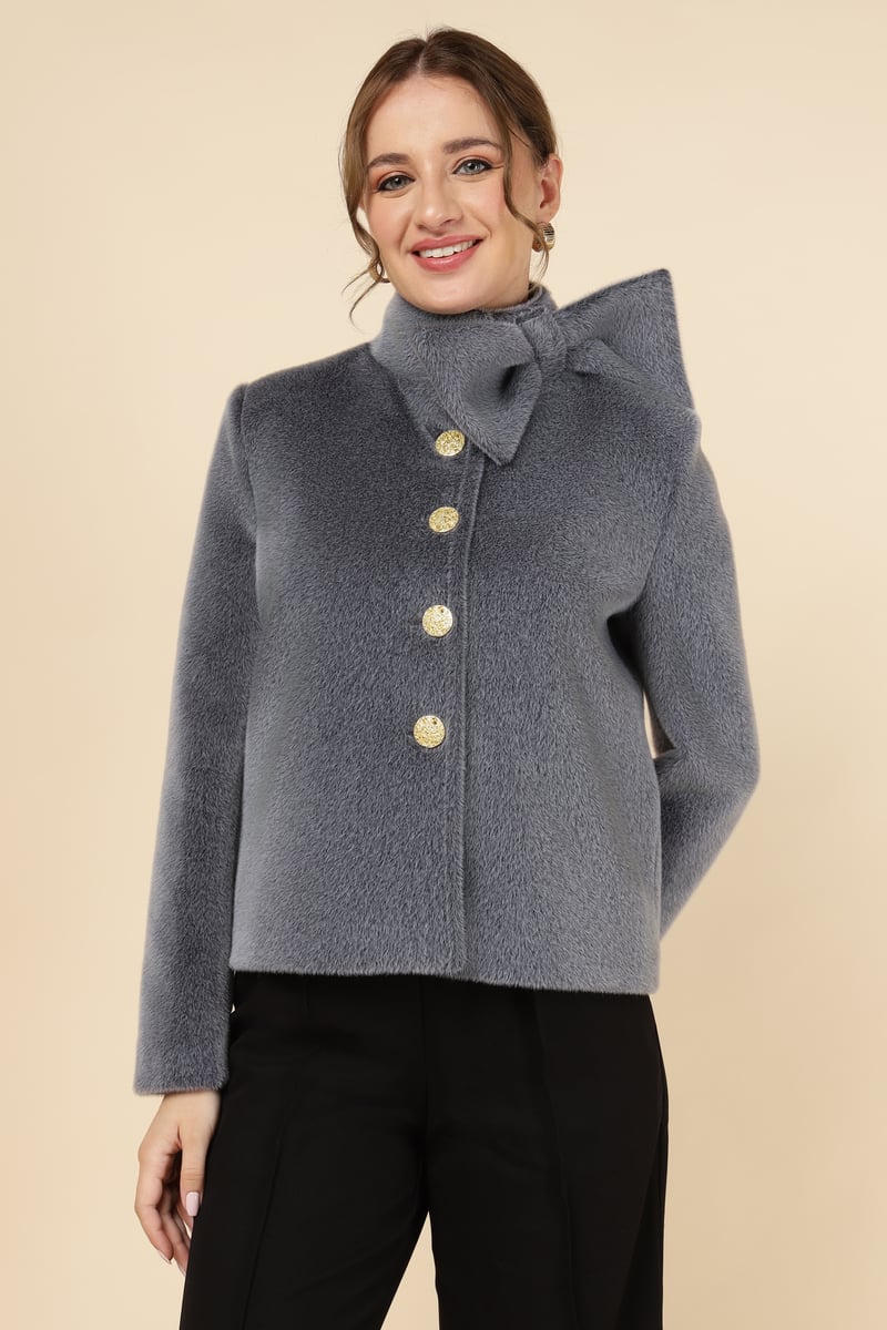 Grey Plush Bow-Collar Button-Front Jacket