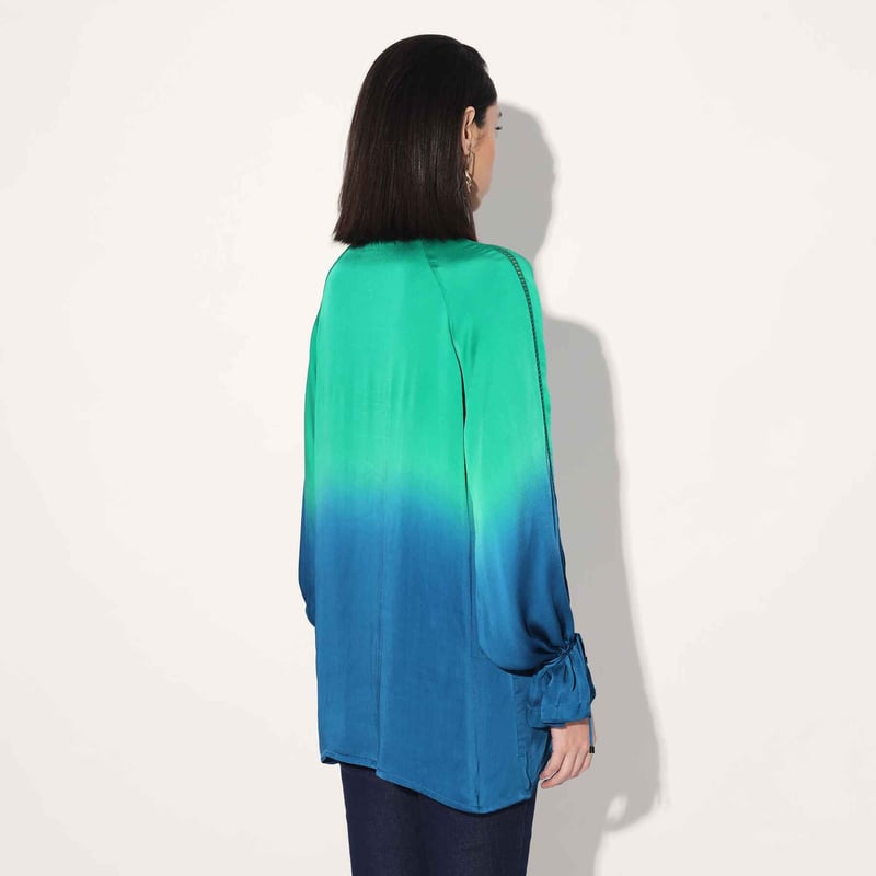 Blue/Green Ombre Viscose Satin Tie-Up Neck Longline Top