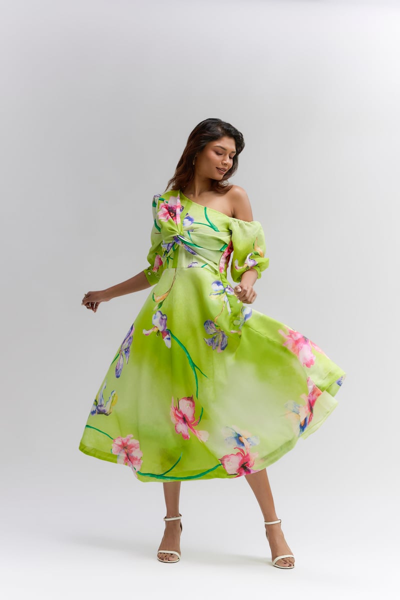 Lime Green Floral Midi One Shoulder Dress — Itara an another