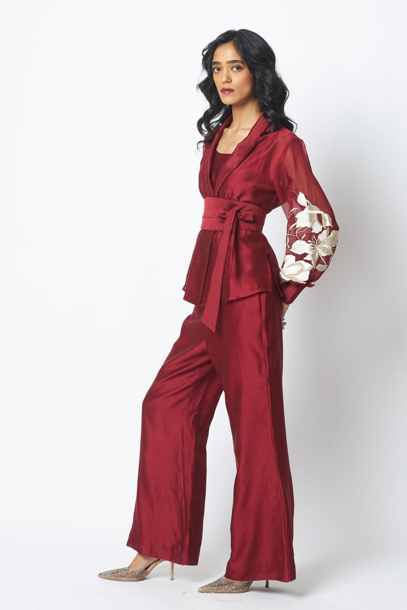 Burgundy Wrap Blazer Top and Wide-Leg Pants Co-ord Set