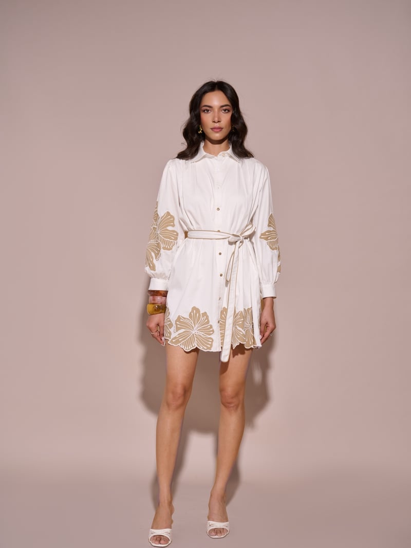 White Belted Floral Motif Mini Shirt Dress