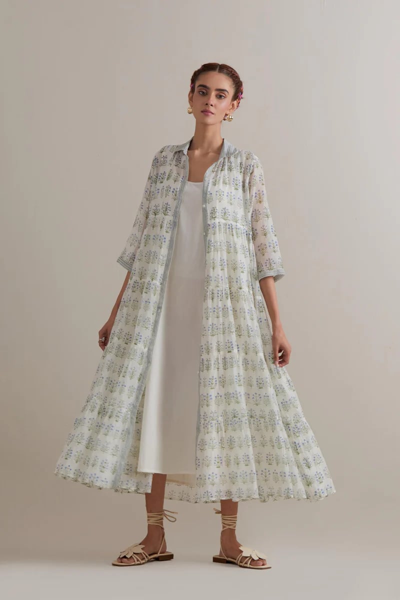 Blue/Green Floral Printed Tiered Kurta Set with Slip