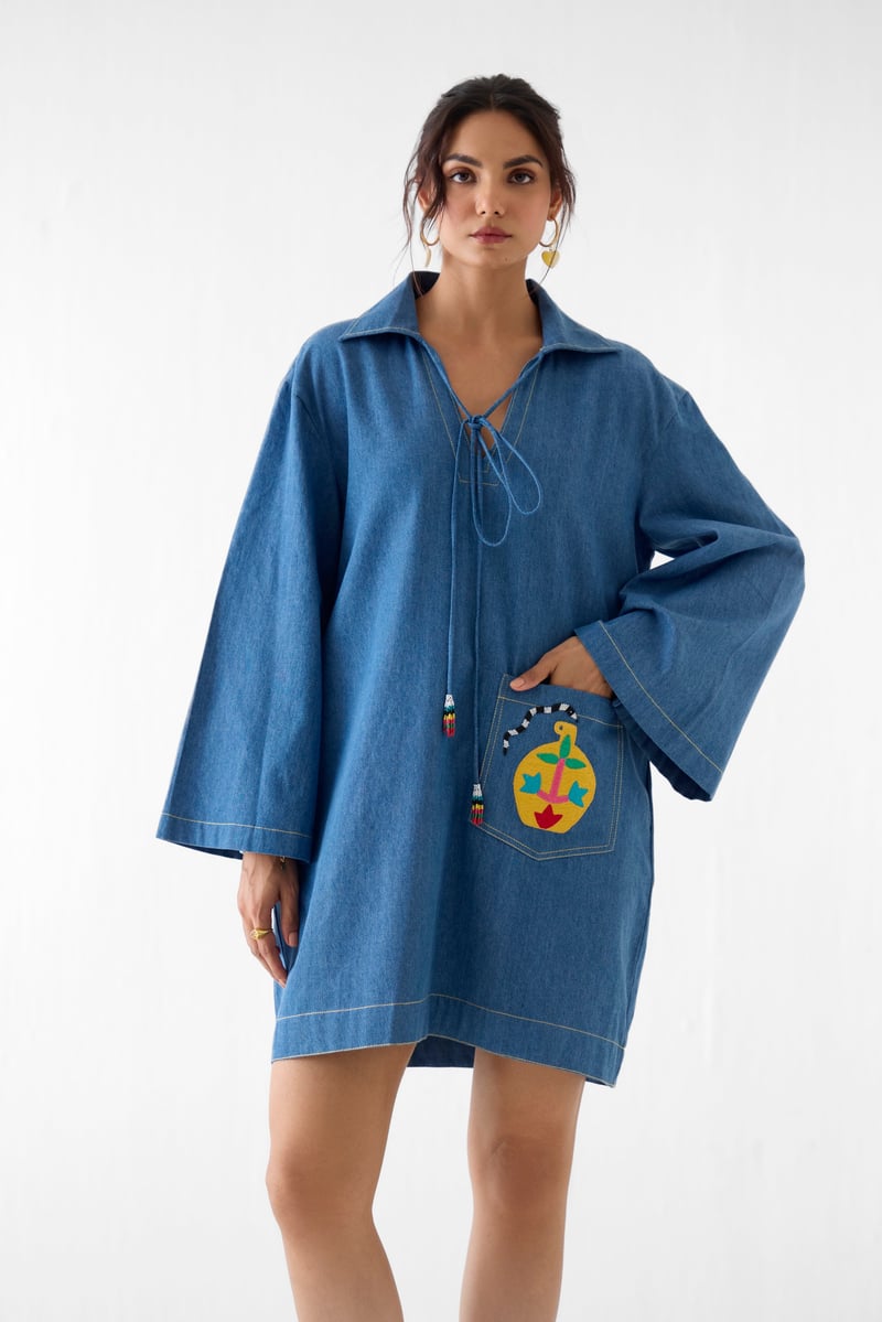 Denim Blue Tie-Up Mini Shift Dress with Patch Pocket