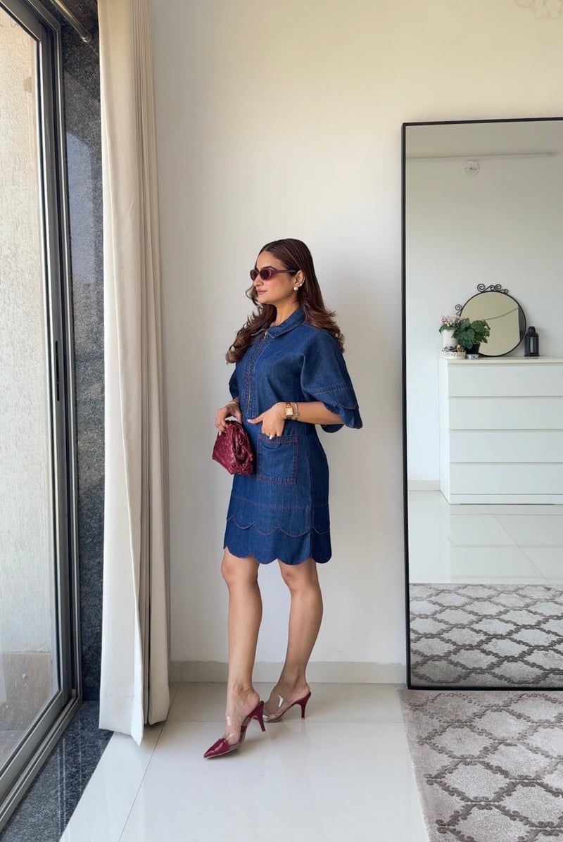 Blue Denim Shirt Dress with Zip Front and Scalloped Hem