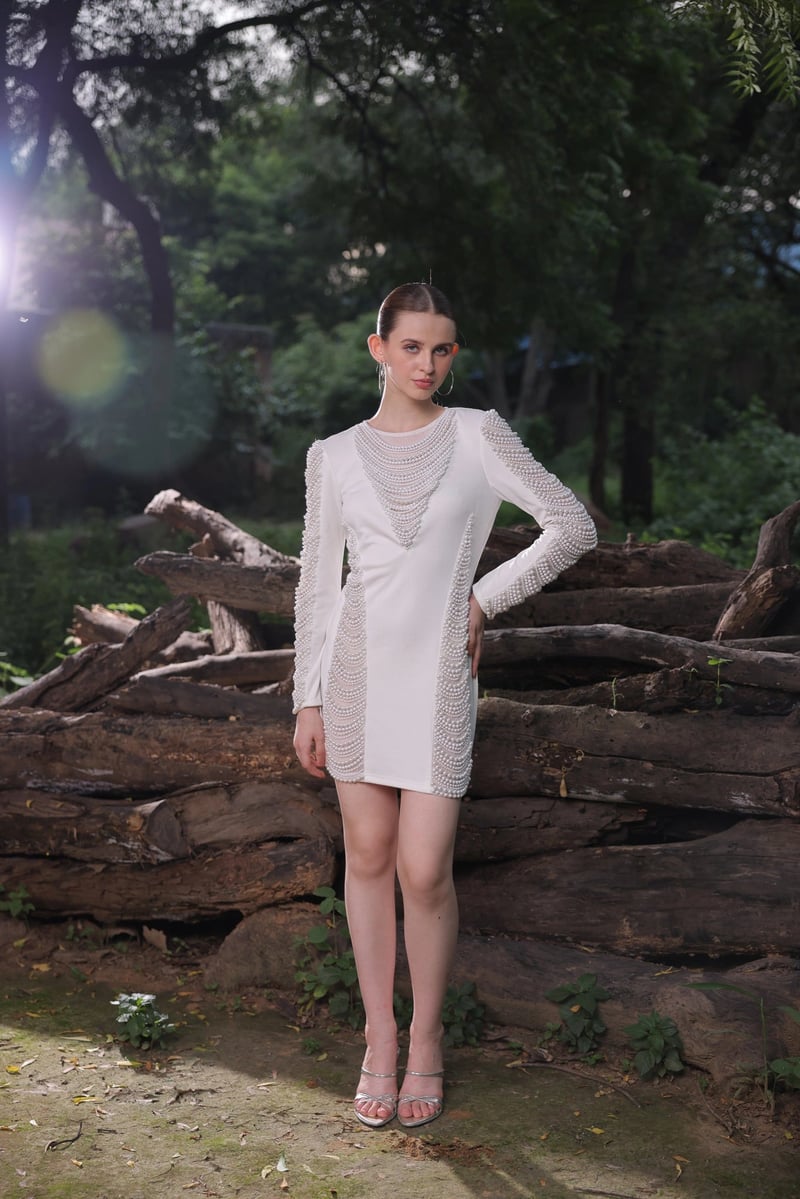 Ivory Pearl Embellished Bodycon Mini Dress