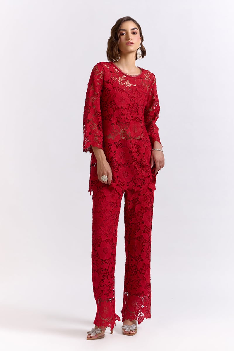 Red Lace Top and Wide-Leg Pants Co-ord Set