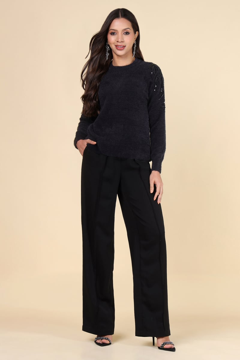 Black Embellished Shoulder Pullover Sweater