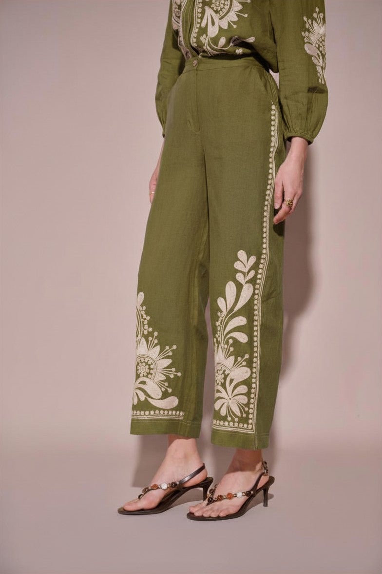 Green Linen Wide-Leg Trousers with Placement Print