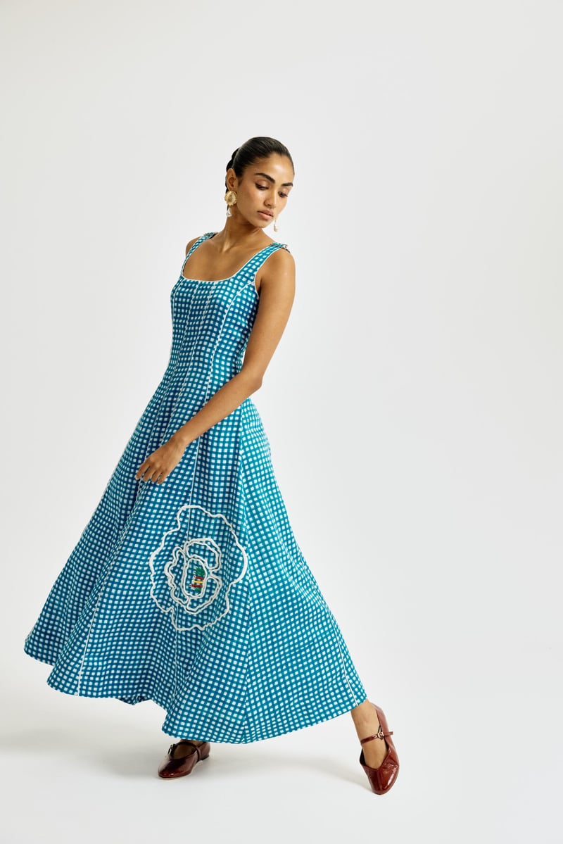 Blue and White Checked Fit and Flare Midi Dress