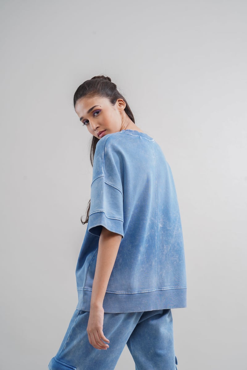 Washed Blue Cotton Terry Oversized Sweatshirt