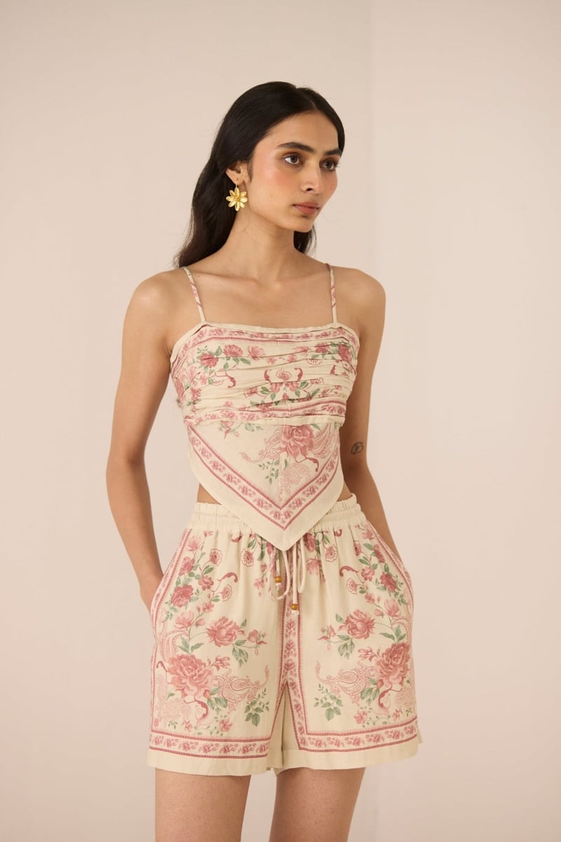 Azure Rose Floral Scarf Top with Smocked Back