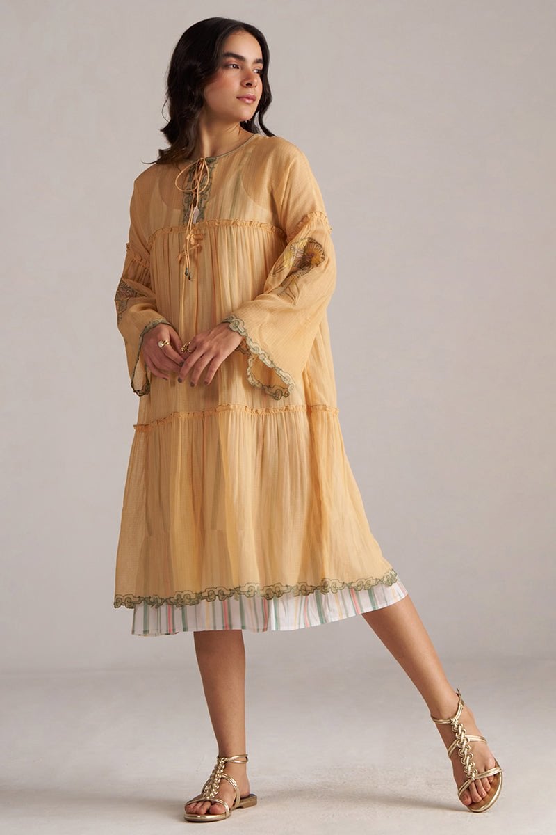 Apricot Cream Kota Silk Tiered Kurta Co-ord Set