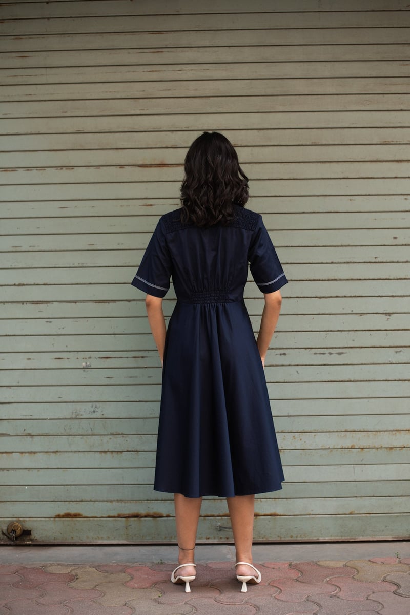 Navy Blue Cotton Satin Ruched Waist A-Line Midi Dress
