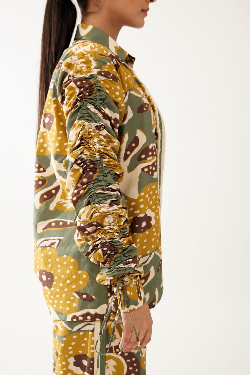 Olive And Mustard Floral Smocking Sleeve Shirt