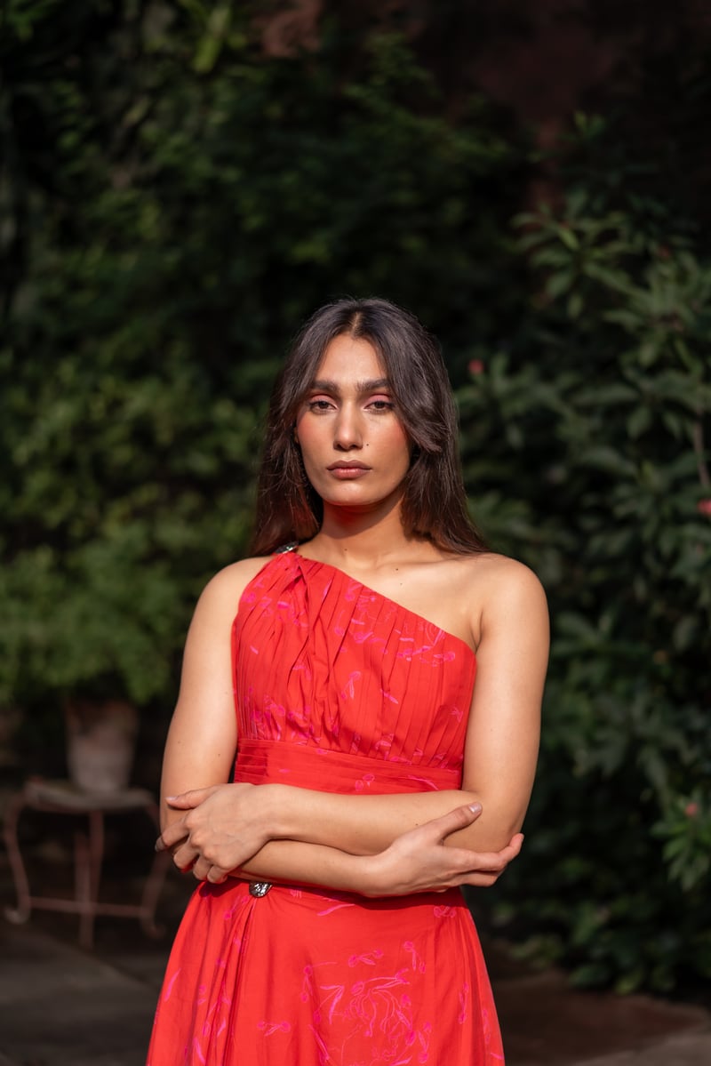 Red One-Shoulder Pleated Top and Maxi Skirt Co-ord Set