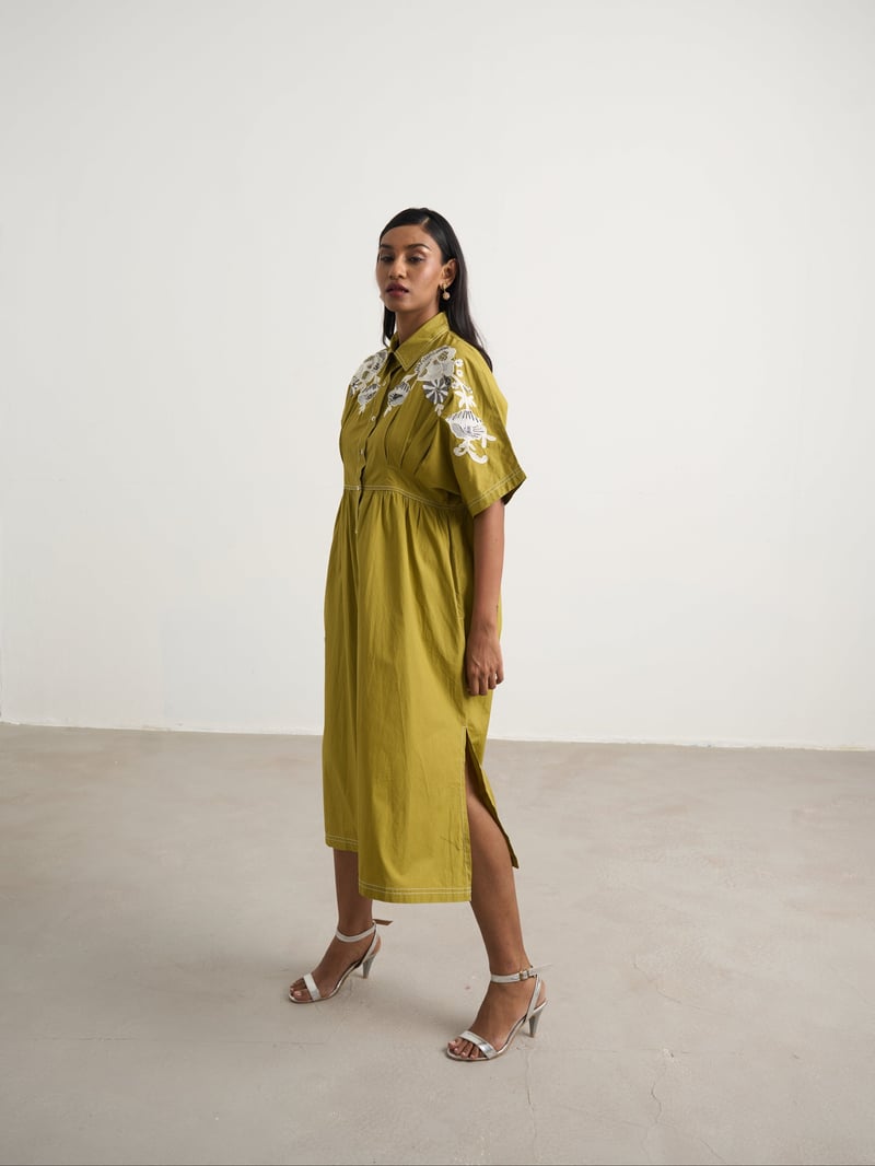 Green Embroidered Button-Down Cotton Midi Shirt Dress