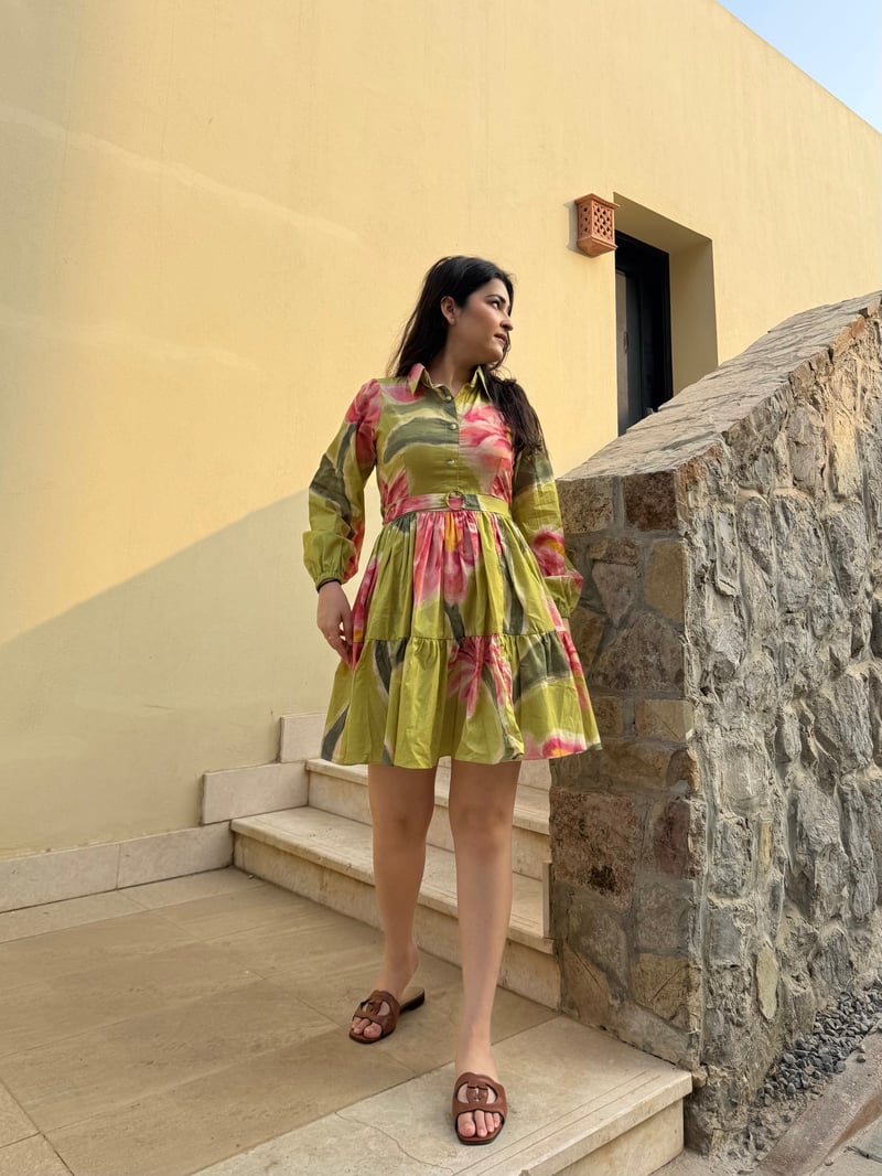 Olive/Pink Floral Mini Shirt Dress with Self Belt