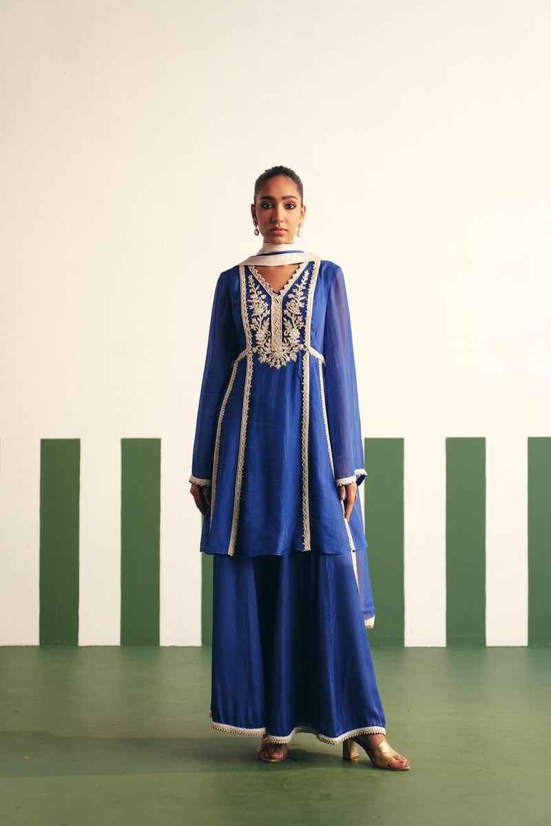 Cobalt Blue Embroidered Peplum Kurta Sharara Set — Reeti Arneja