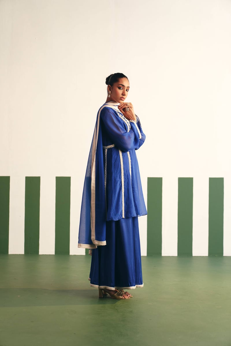 Cobalt Blue Embroidered Peplum Kurta Sharara Set